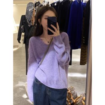 早春紫色毛衣歐貨浣熊絨針織衫