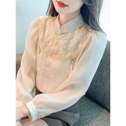 新中式國風重工刺繡小衫雪紡襯衫女裝2025新款秋冬馬面裙打底上衣