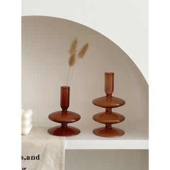 復古懷舊棕色玻璃花瓶ins風客廳干花插花花器燭臺桌面裝飾擺件