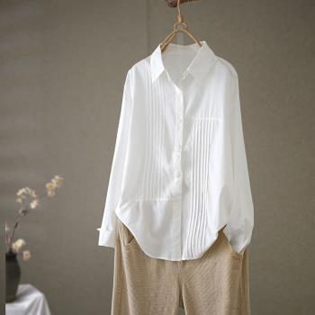 純棉設計感壓皺長袖上衣白色襯衫