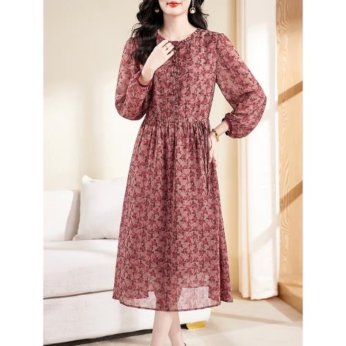 高端氣質喬其紗媽媽連衣裙2026女裝新款品牌寬松顯瘦雪紡碎花裙子