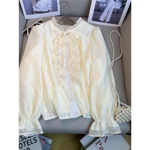 系帶蕾絲襯衫女設計感小眾甜美減齡荷葉邊遮肚高級感打底上衣內搭