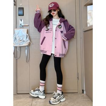 中大童女孩秋季外套2025女生時尚繡花母連帽棒球服初中生拼接上衣