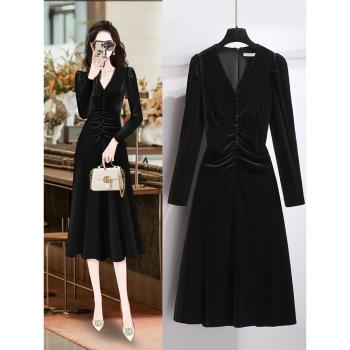 女裝絲絨秋季氣質黑色禮服連衣裙