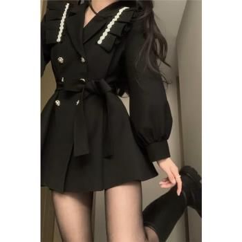 女裝名媛時尚黑色高腰小個子風衣