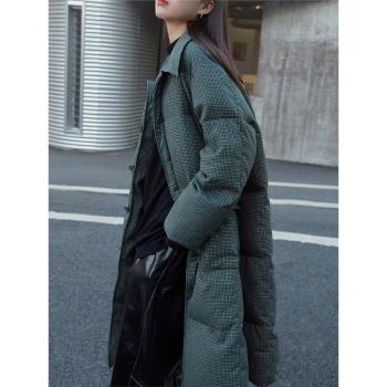 moment綠色格紋寬松中長款羽絨服
