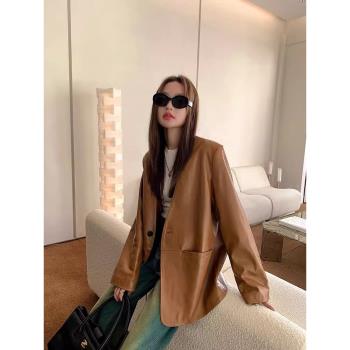 吉爾家悉尼往事英國綿羊皮 Vintage無塗層蠟感時髦無領皮衣外套女