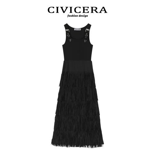 CIVICERA美式復古流蘇無袖連衣裙