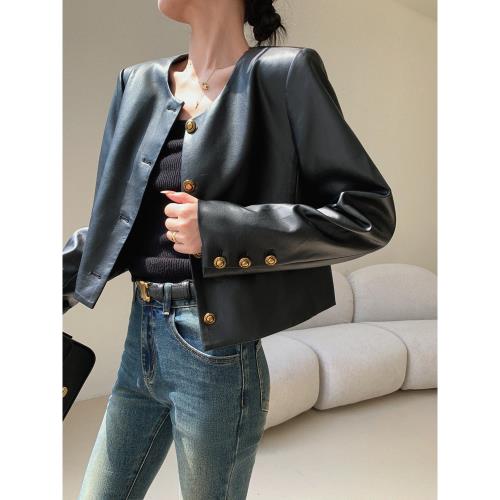 JWUNIQUE黑色短款pu皮衣夾克女2025春季新款時尚機車美式上衣外套