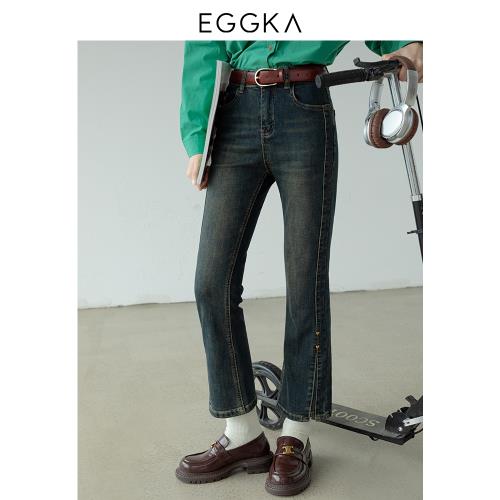 EGGKA復古高腰直筒窄版牛仔褲