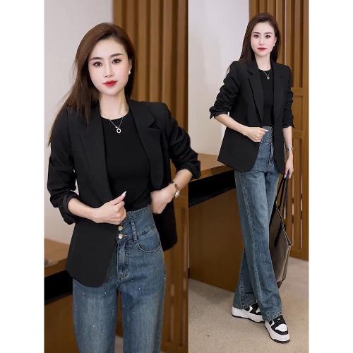 黑色休閑西裝外套女小個子2024春秋季新款韓版高級感百搭寬松上衣