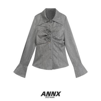 減齡ANNX壓褶長袖修身上衣花朵