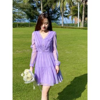 紫色v領長袖氣質荷葉邊a字連衣裙