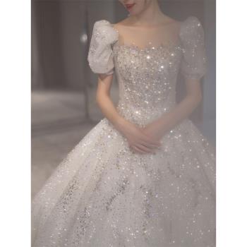 法式婚紗新娘2024新款小個子主紗白色小禮服重工婚服大碼高級質感