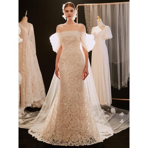 梵娜仙衣法式一字肩輕婚紗新娘森系出門紗復古高級蕾絲魚尾輕紗