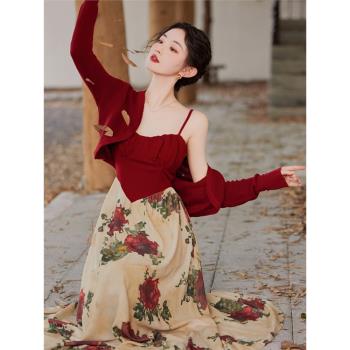 女裝秋季復古紅色印花開衫吊帶裙