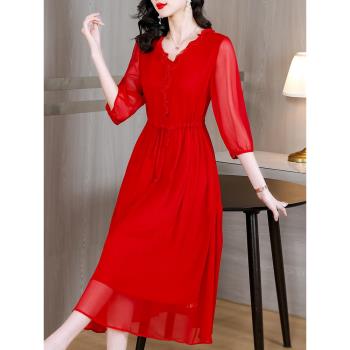 時尚紅色夏季婚宴短袖雪紡連衣裙