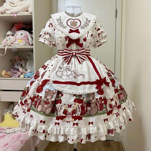 原創設計草莓柄熊洛麗塔大碼Lolita日常少女軟妹甜系輕lo裙圍裙