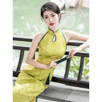 綠色禮服日常無袖高階感修身掛脖