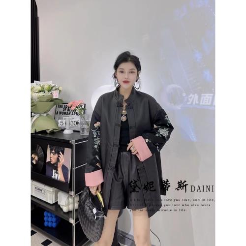 復古盤扣立領外套寬松皮衣刺繡