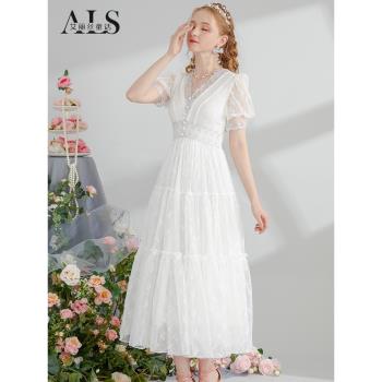 超仙夏季白色修身短袖蕾絲公主裙
