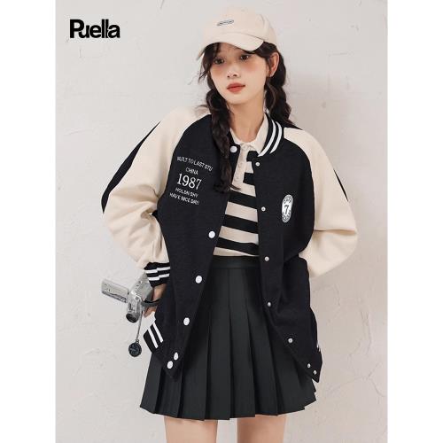 拉夏貝爾Puella學院風撞色拼接棒球服外套女美式復古寬松夾克上衣