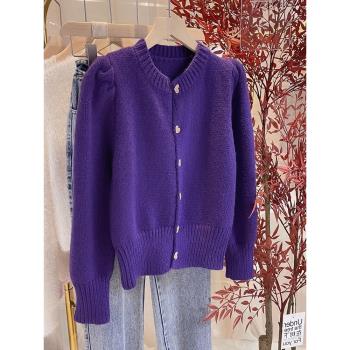 紫色泡泡袖開衫春季圓領寬松毛衣