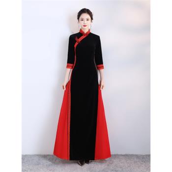 2025年新款修身改良走秀旗袍裙演出服女長款黑色形體高階絲絨春季