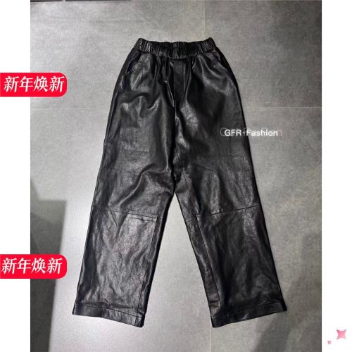 陳太太時尚顯瘦闊腿高腰皮褲