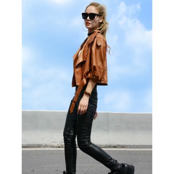 小皮衣外套女短款2025春秋韓版寬松真皮機車服焦糖色皮夾克咖色潮