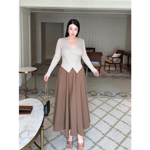 咖色傘裙寬松A字裙高腰遮胯遮肉顯瘦胖mm大碼半身裙設計感中長款