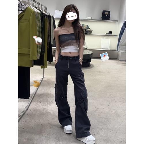 溫婉同款黑灰色直筒牛仔褲女2023秋冬新款設計感工裝闊腿褲長褲子