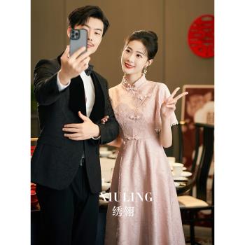 中式長袖旗袍粉色大碼胖mm孕婦