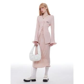 粉色修身設計感連衣裙針織開衫