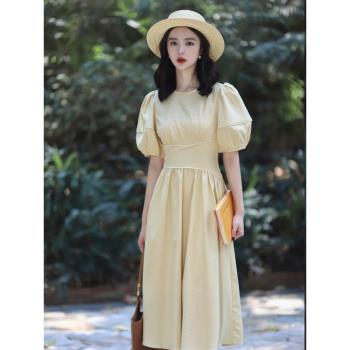黃色茶歇法式復古短袖夏季格子裙