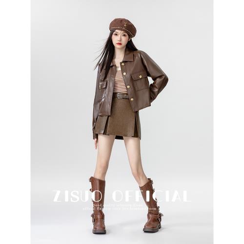 2025春秋新款復古棕色小皮衣外套女寬松美式短款皮夾克長袖上衣潮