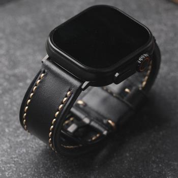 手工頭層牛皮適配蘋果手錶iwatch 49 46MM黑硬漢真皮男表鏈8Ultra
