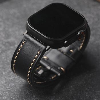 手工頭層牛皮適配蘋果手表iwatch 49 45MM黑硬漢真皮男表鏈8Ultra