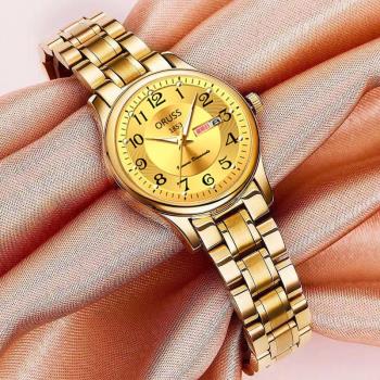 瑞士全自動石英表女大氣金色手表防水時尚夜光雙日歷女士表小金表