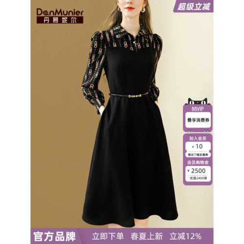 丹慕妮爾黑色印花高級感polo連衣裙女秋新款長袖氣質收腰裙子|洋裝|ETMall東森購物網