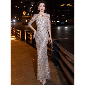 香檳色年會晚禮服女2024款高階輕奢小眾宴會氣質高階感魚尾主持裙