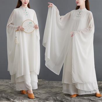 套裝文藝復古茶服春秋季大碼仙氣禪舞服白色瑜伽太極連衣裙兩件套