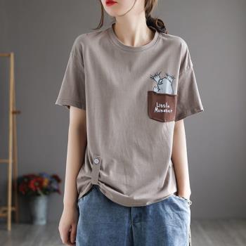 卡通印花短袖t恤女裝夏季大碼小衫韓版文藝減齡口袋刺繡套頭上衣