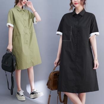 日本外貿一線品牌夏季休閑單排扣短袖中長款襯衫裙復古文藝連衣裙