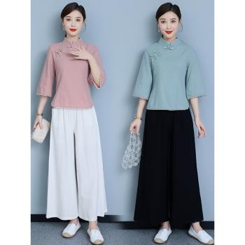 夏季大碼套裝民國風改良旗袍上衣中式茶服採耳工作服闊腿褲兩件套