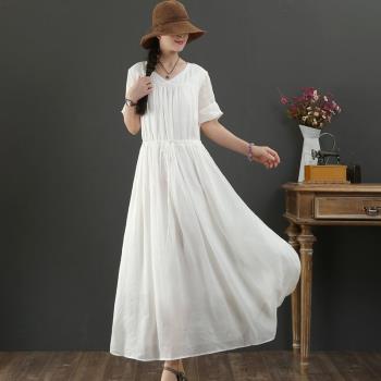 外貿法國單文藝復古V領仙氣連衣裙大碼女裝夏季寬松胖mm白色長裙