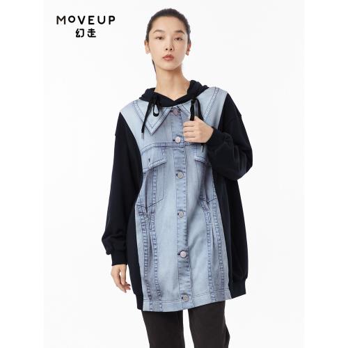 MOVEUP幻走2022冬季新款.FUN系列連帽牛仔印花設計師中長款衛衣女
