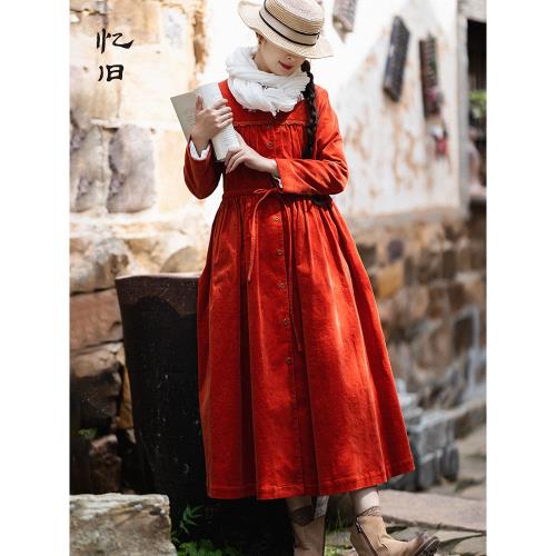 憶舊裙擺式燈芯絨紅色秋冬風衣