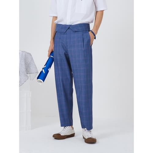 有時又一氣質翻腰藍色休閑格子褲