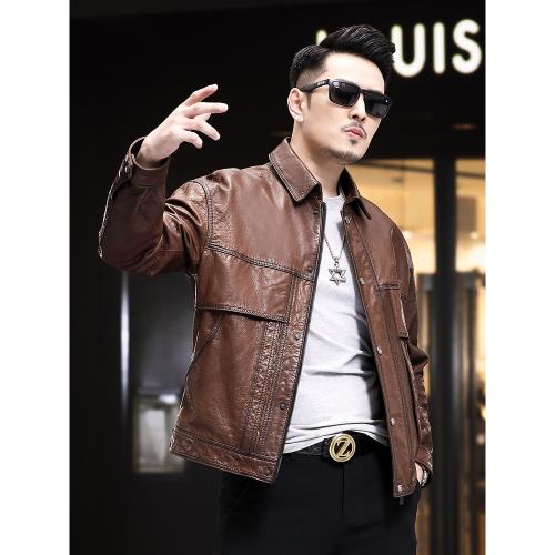 【斷碼特價】皮衣男真皮翻領頭層皮夾克休閑薄款機車寬松闊版外套